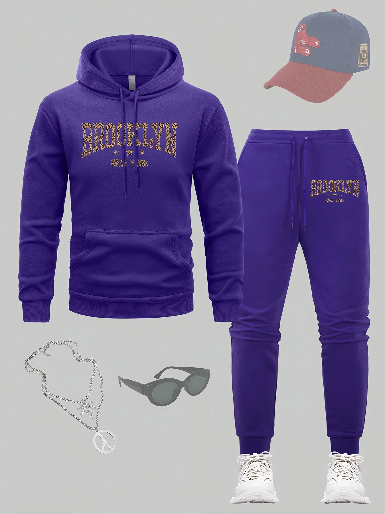 

Brooklyn New York Star Pattern Hoodie Set Men Hip Hop Loose Drawstring Hoodies Pocket All-Match Sweatpant Fleece Sportswear Sets