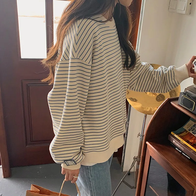 Women\'s Drop Shoulder Sleeve Striped Long-Sleeved Sweatshirt Autumn New Korean Girl Casual Loose Thin Oversize Pullover Sweaters