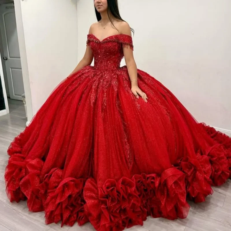 Abito Quinceanera rosso lucido cristallo Volant in pizzo Decalcomania con paillettes Decalcomania Coda lunga Fiocco Abiti da 15 Quinceanera ﻿ Personalizza