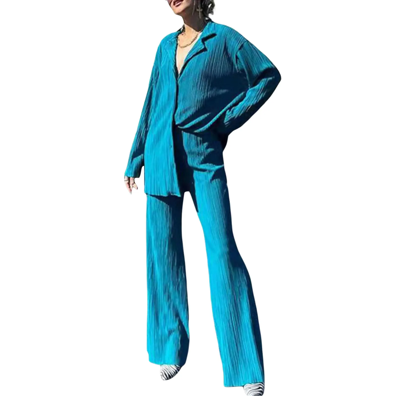 Clothing For Women Fashion 2 Piece Outfits Long Sleeve Broadcloth White Pink Blue Suit And Casaul Pants Sets