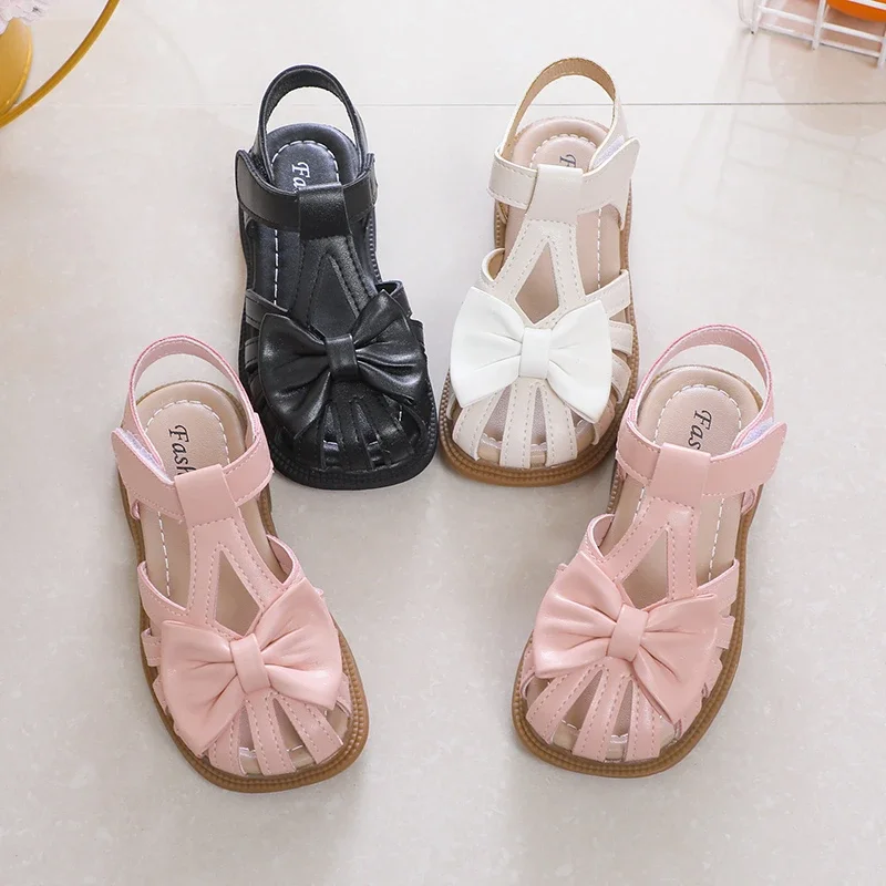 Cute Girls Sandals Bow Peep-toe 2023 New Soft Hook & Loop Beige Kids Princess Shoes Casual Shoes PU Cute Children Shoes Non-slip