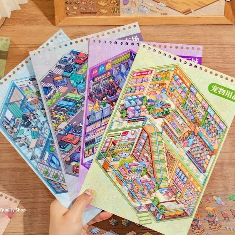 

1 Book 3D Miniature Scene Sticker Book Stacking Coil Bound For Journal Scrapbooking Stress Relief Sticker DIY Decoration