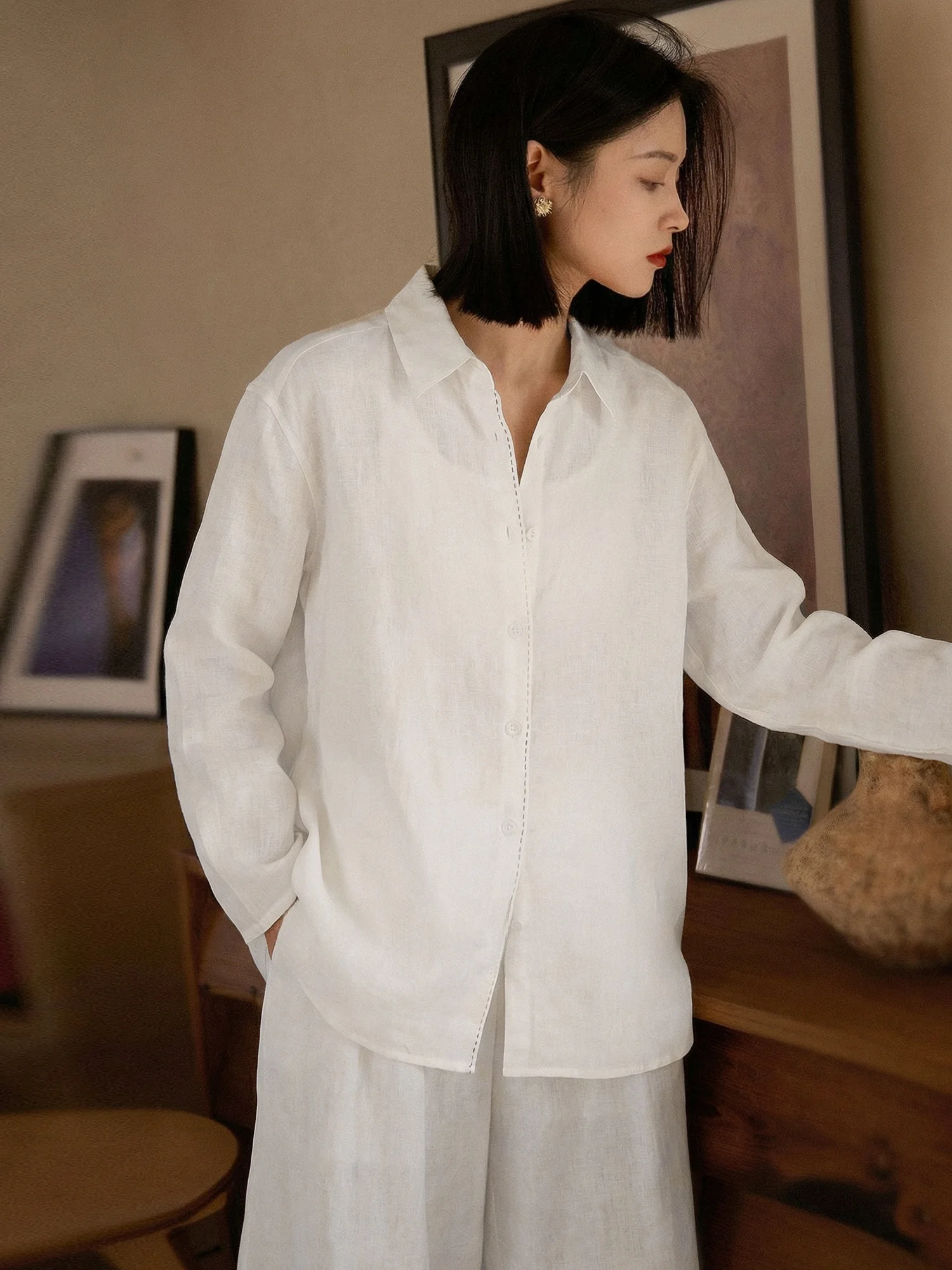 

Chivirin Linen Long Sleeve Loose Women's Shirt Simple Design Spring Commute Versatile Shirt Breathable Comfortable Lazy Style