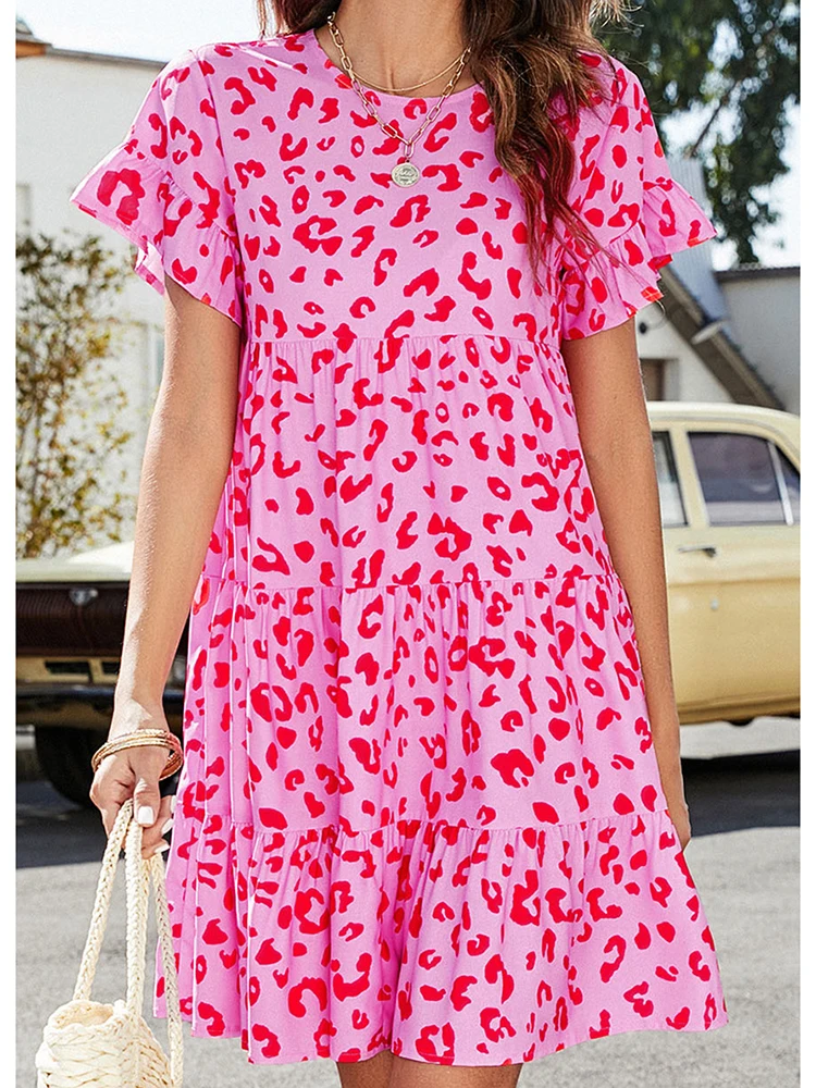 HELIAR Women Boho Sweet Dress abito Casual allentato manica corta o-collo Leopard Printed Dresses Ruffles Beach Vestidos Summer