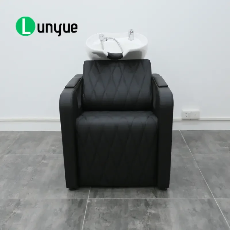 Modern Wood Frame Shampoo Chair with White Ceramic Basin High Density Sponge PU Leather Durable Eco Friendly for Hair
