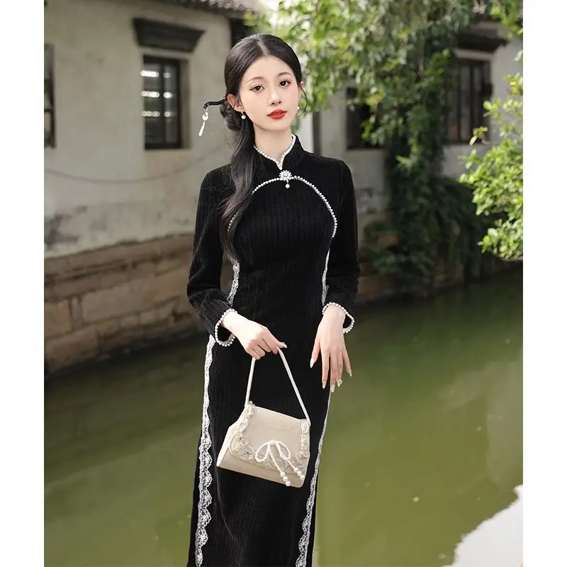 

Black Qipao Autumn New Arrivals Elegant Young ladies' Retro Daily Dress For Autumn And Winter Velet Black Qipao Dress