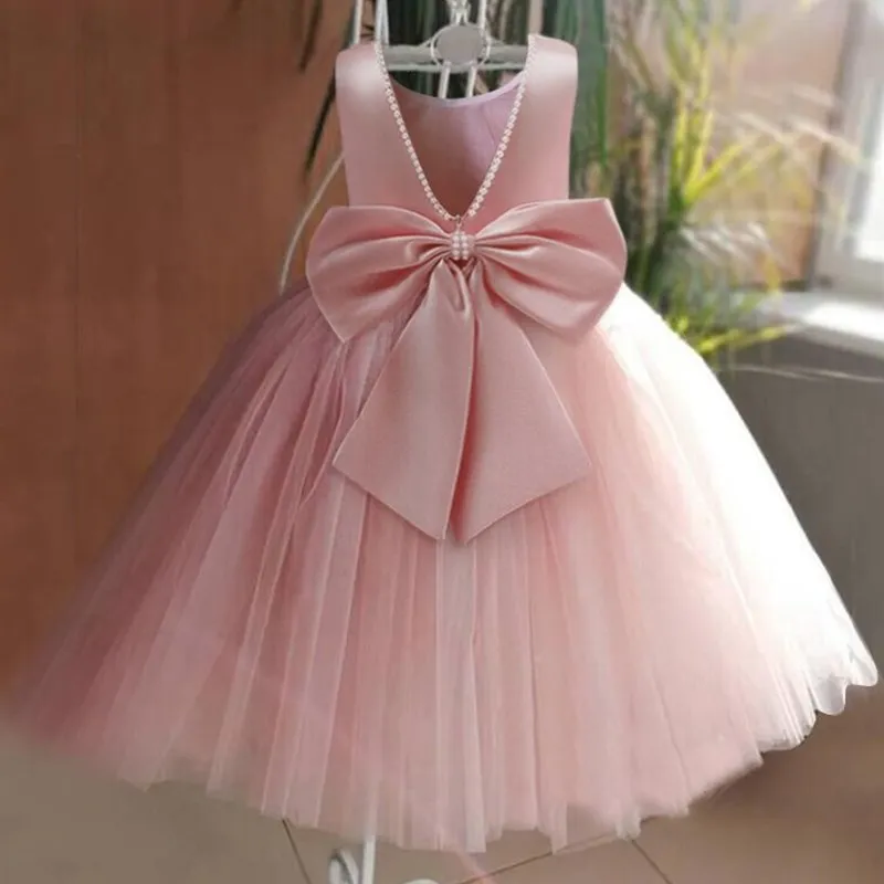 Wedding Party Dresses for Kids Girls Backless Elegant Teenage Pageant Prom Evening Gown Sleeveless Bow Children\'s Ceremony Dress