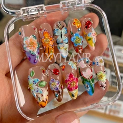 2024 New Cute 3D Flower Nails 10Pcs Handmade Manicure Medium Almond Fake Nails Press On Nails Design with Adhesive Nail File Set