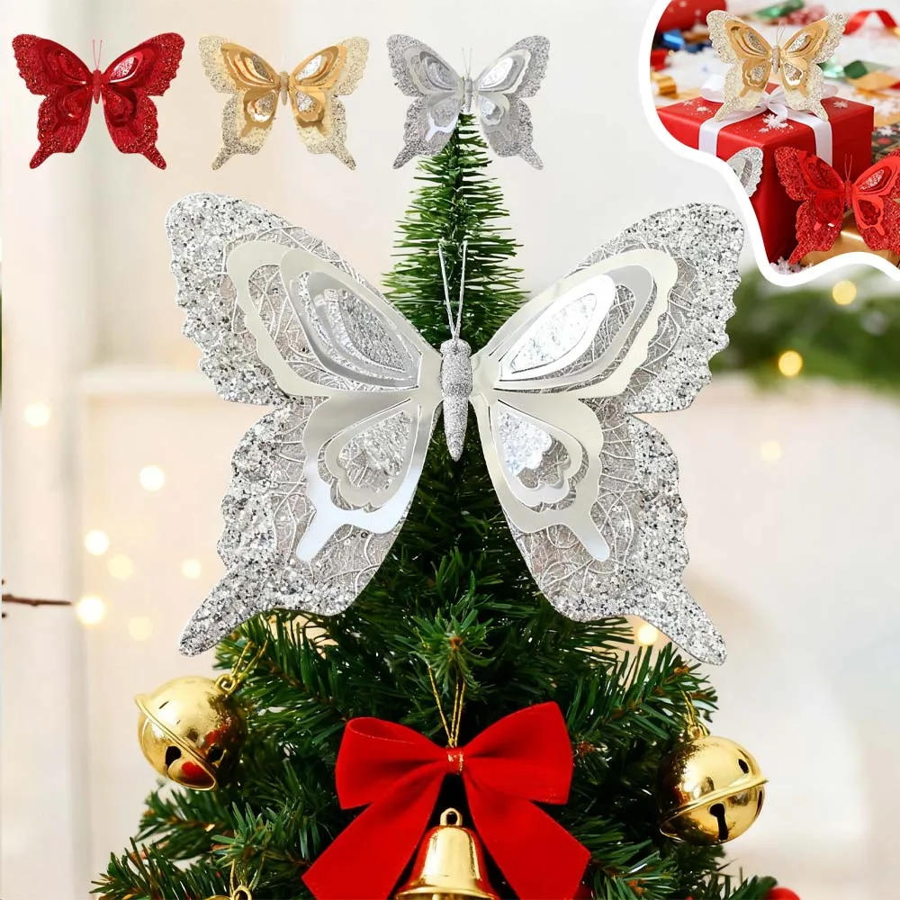 

Christmas Butterfly Decor Glitter 3D Butterfly with Clip Xmas Tree Hanging Decor Home New Year 2026 Navidad Новый Год Декор크리스마스