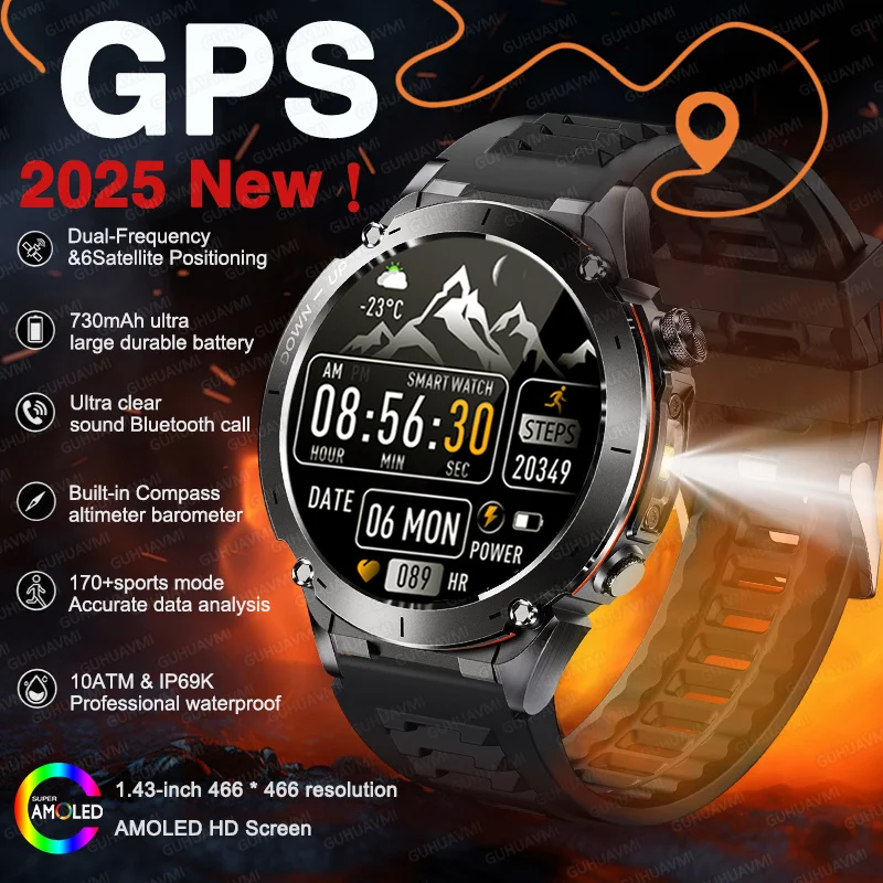 

New Military GPS Smart Watches Men 1.43" AMOLED Screen Built-in GNSS Compass 10ATM Waterproof Sport Outdoor Tracking Smartwatch