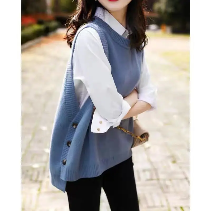 Women Elegant O-neck Sweater Vests Loose Sleeveless Knitted Sweaters Side Button All-match Stylish Popular Solid Cozy Pullovers