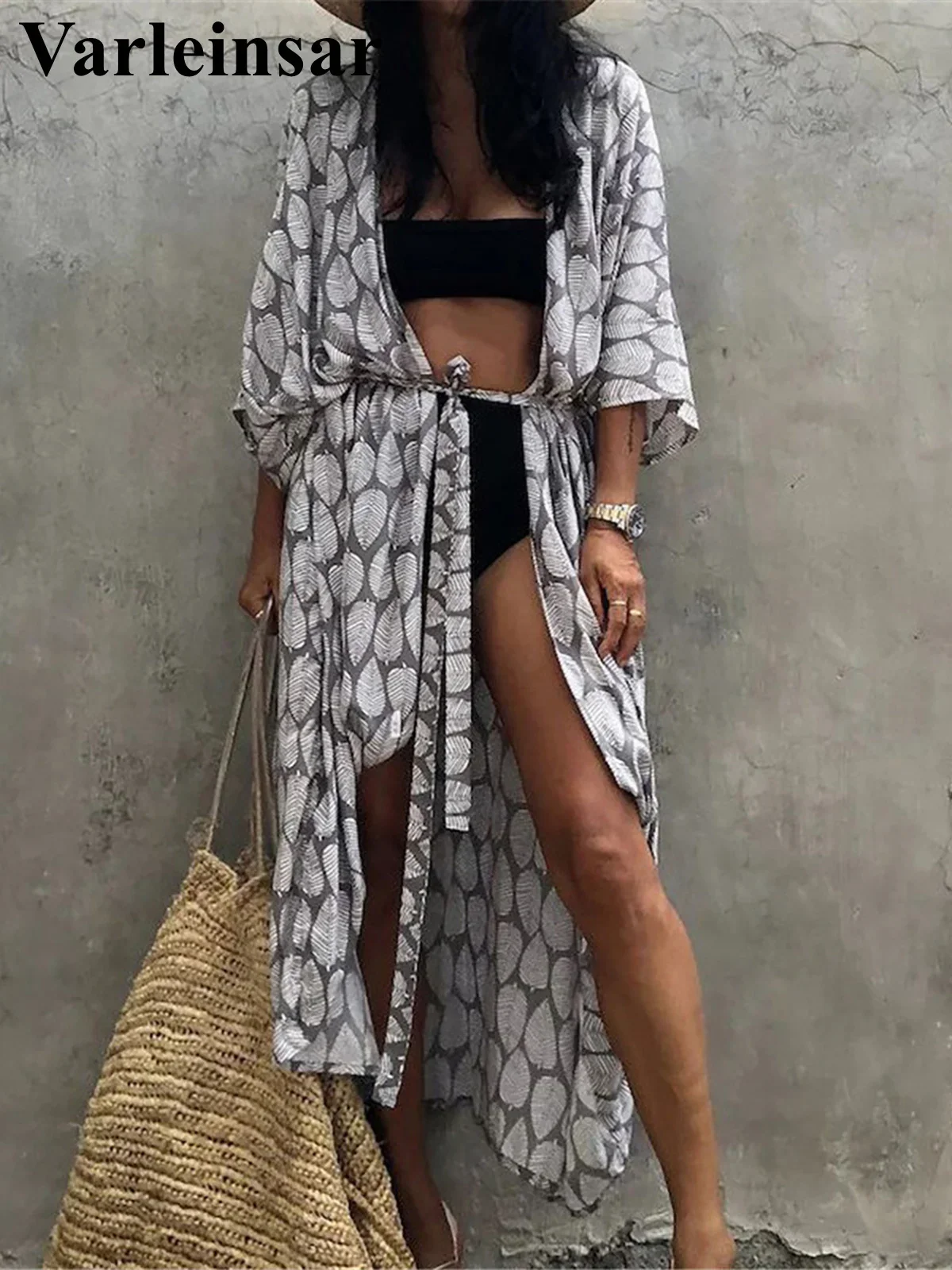 7 Colors Leaves Printed With Belt Half Sleeve Tunic Beach Cover Up Cover-ups Beach Dress Beach Wear Beachwear Female Women V4511