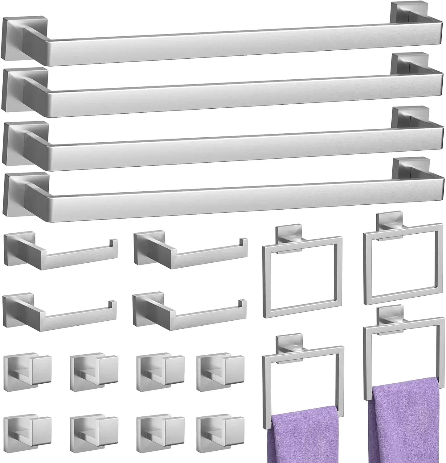 

Набор из 20 предметов для ванной комнаты из матового никеля – держатель для полотенец 23,6 дюйма, кольцо для полотенец, держатель для туалетной бумаги и крючки, настенный монтаж.