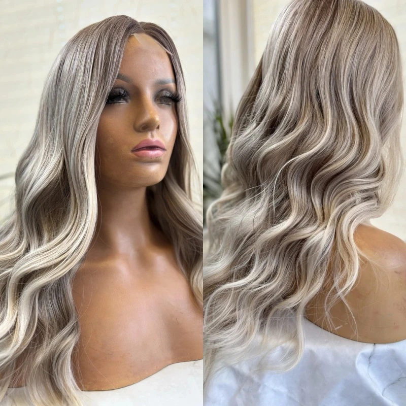 

Топ HD Бесклеевой парик Ombre Пепельно-серый блондин Мелированный фронтальный парик Натуральный длинный волнистый парик Термостойкий парик Вечеринка Ежедневно 26 дюймов