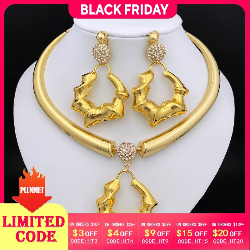 

2Pcs/Set Africal Dubai Gold Color Jewelry Set Exaggerate Big Drop Earring Fashion Statement Choker Necklace For Women Party Gift