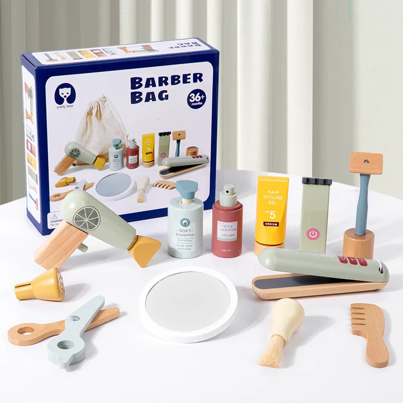 Wooden Makeup Toys Beauty Hairdressing Simulation Toy Barber Role-Play Girls Pretend Play Makeup Kit For 3 4 5 6 Year Old Girls