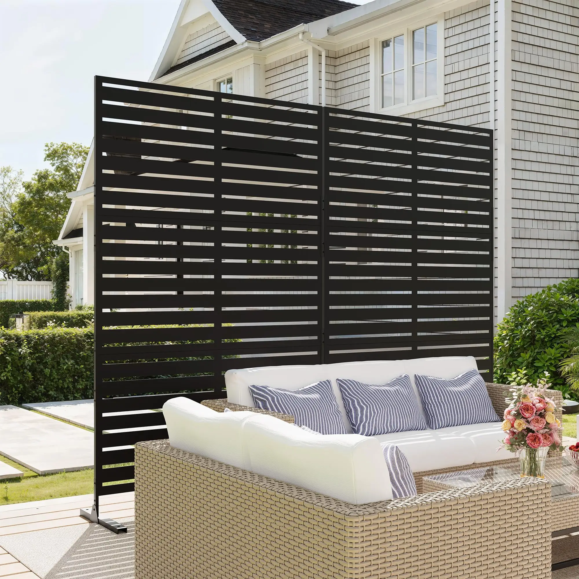 72 x 47 Outdoor Metal Privacy Screen 6FT Freestanding Decorative Fence Panel With Stand For Patio Garden Balcony Deck Yard Black view 8