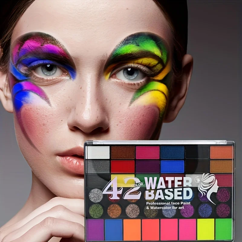 1pc 42 色水溶性フェイスボディペインティングセット UV ネオングリッターフェイスペイントアートハロウィンクリスマスパーティーボディペイントメイク