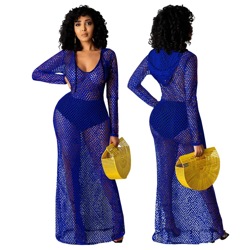 แขนยาว Hooded Fishnet ผู้หญิงเซ็กซี่ Hollow Out ดูผ่าน Maxi Cover Ups Vestidos สีดําไนท์คลับสุภาพสตรีชุด