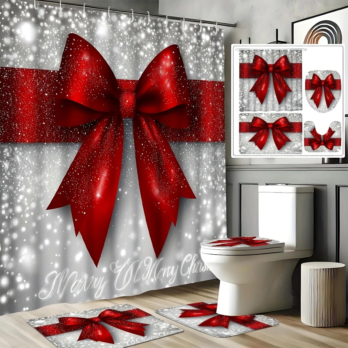 

Рождественский набор для ванной комнаты с креативным принтом и противоскользящим ковриком, U-образным ковром и чехлом для унитаза, высококачественной занавеской для душа и крючками