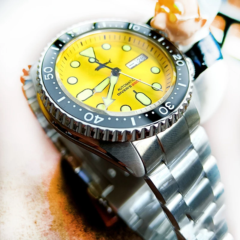 Heimdallr SKX007 NH36 Automatic Diver Watch 45mm Yellow Jubilee Bracelet C3 Lume Ceramic Bezel 20ATM Waterproof Waulareis Watch