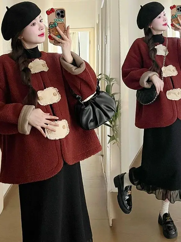 

plus Size 300 Pou Red Loose Women's eepskin Jaet Autumn Winter New Chinese Sle National Faion Outerwear Coat