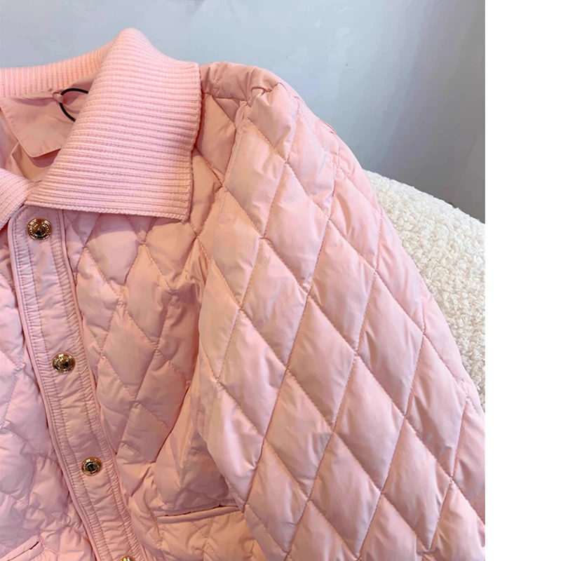 Winter Cotton Pink Jacket Lightweight Diamond grid Parka autumn Long Skeeve Fashion Simple and high-end casual Coat Outerwear