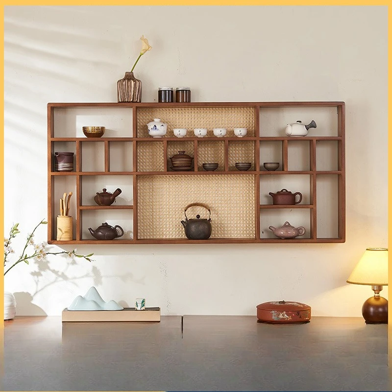 

Подставка для украшения чайной комнаты, подставка для хранения из массива дерева из ротанга, подставка для чайной чашки, подставка для домашних животных, настенная рама Duobao Ge Bogu