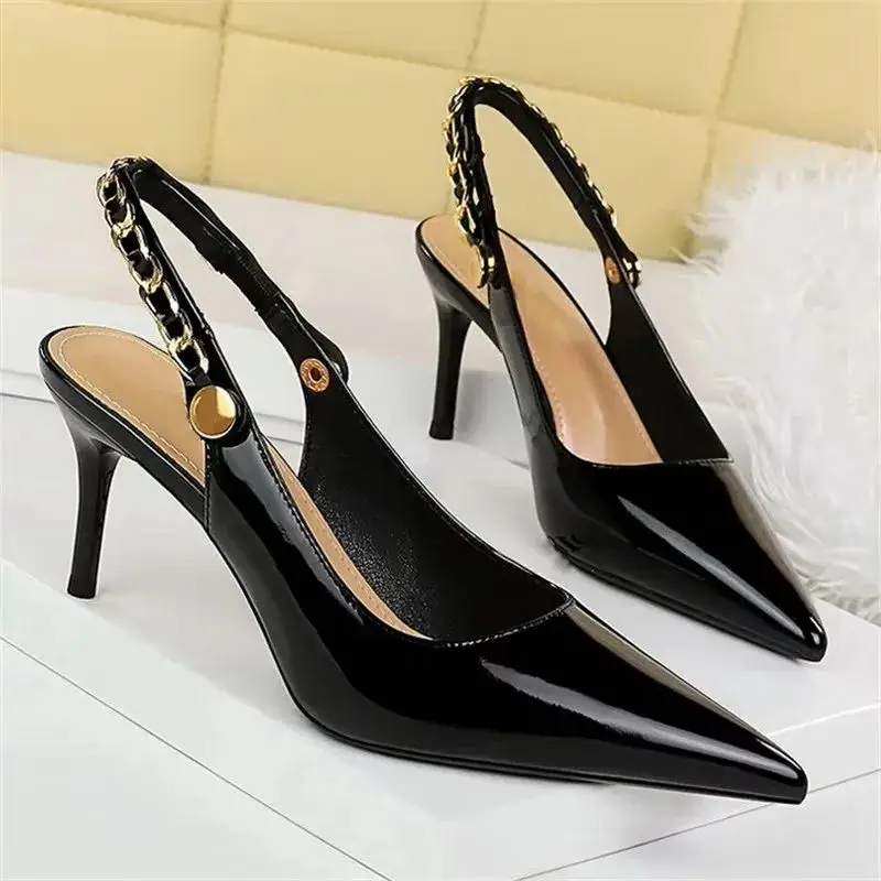 BIGTREE Patent Leather Women Pumps Stilettos Heels Hollow Out CHAIN SLIP-ON Elegant Party Shoes Zapatos Mujer