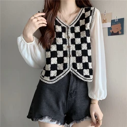 Checkerboard Crochet Knit Top Long Sleeve V-neck Button Front Open-knit Blouse for Women Teengirl Spring Summer Outfit