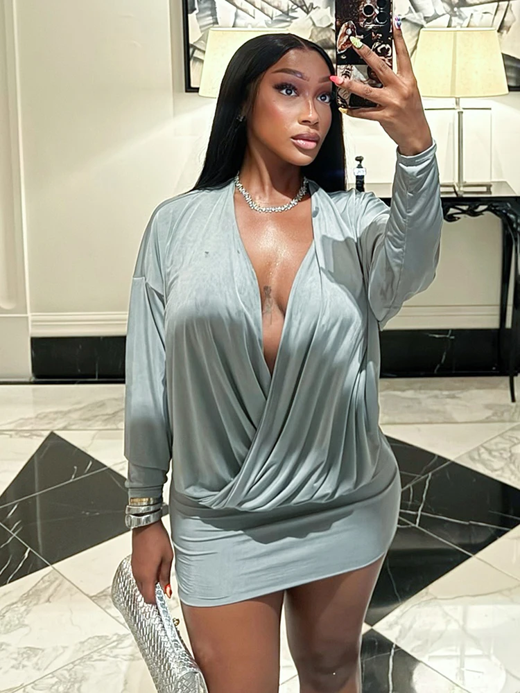 Leosoxs Sexy V-Neck Dress Women Elegant Peach Hip Full Sleeve Autumn Fashion 2025 Banquet Party Clubwear Skinny Mini Bodycon