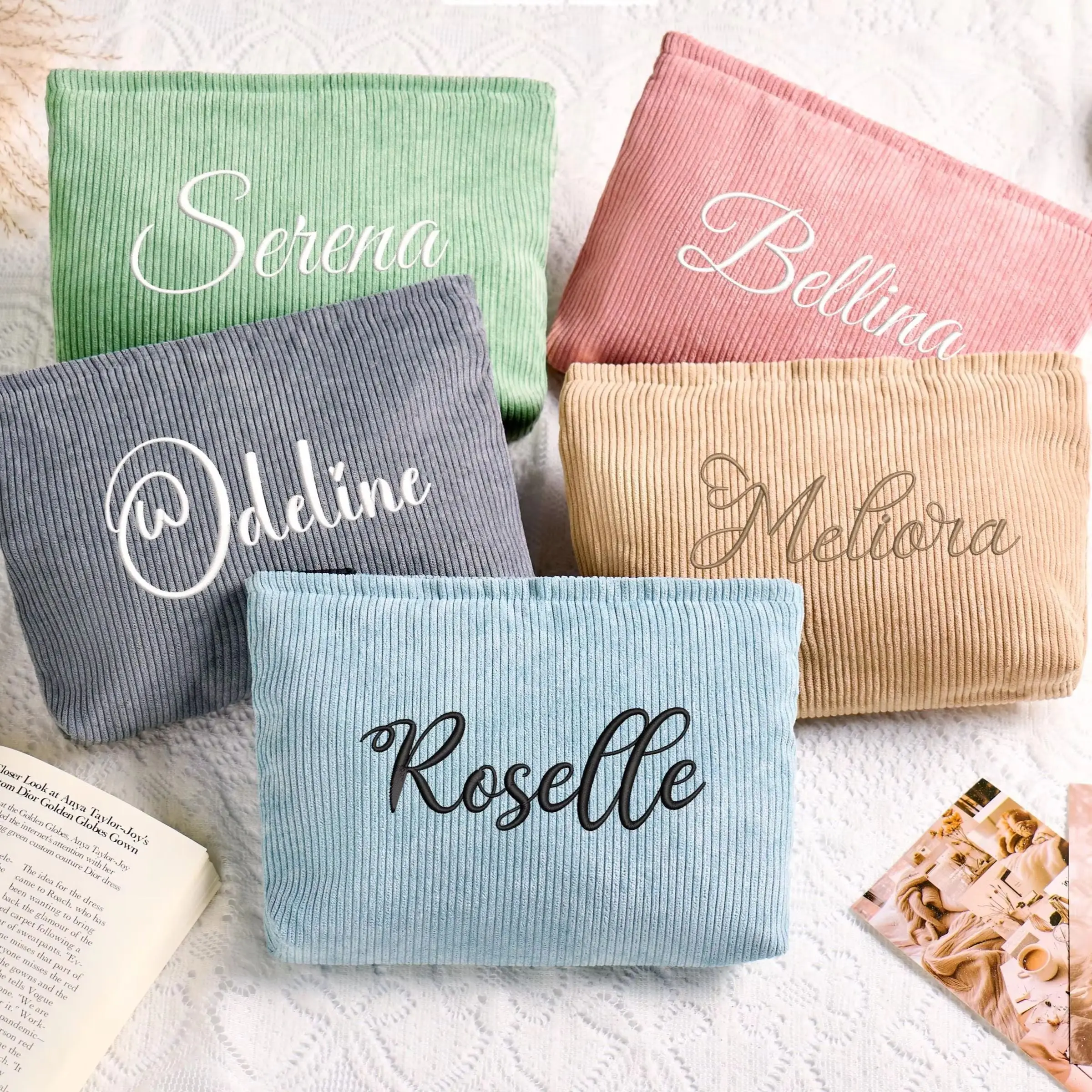 Personalized Text Corduroy Makeup Bag Embroidered Name Cosmetic Pouch Custom Bridesmaid Gift Bag Cute Cosmetic Gift for Her