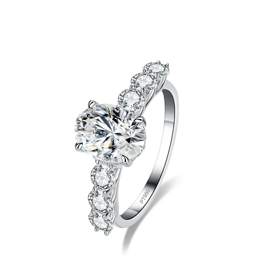 Lumira Platinum PT950 2-Carat Oval-Cut Moissanite Ring Women's Pigeon Egg Straight Row Pavé Moissanite Ring
