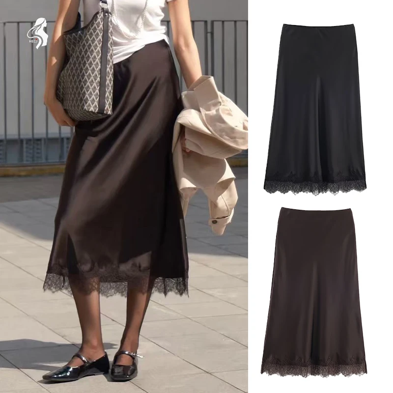 Moda feminina saia de comprimento médio cetim renda retalhos saia de comprimento médio elegante e feminino adequado para uso diário e datas