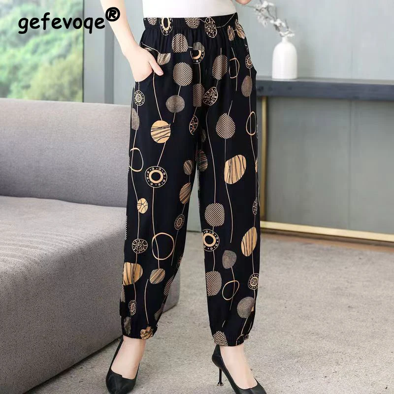 Middle-aged Elderly Women Summer Fashion Vintage Floral Print Oversized Pants Ladies High Waist Cotton Linen Trousers Pantalones