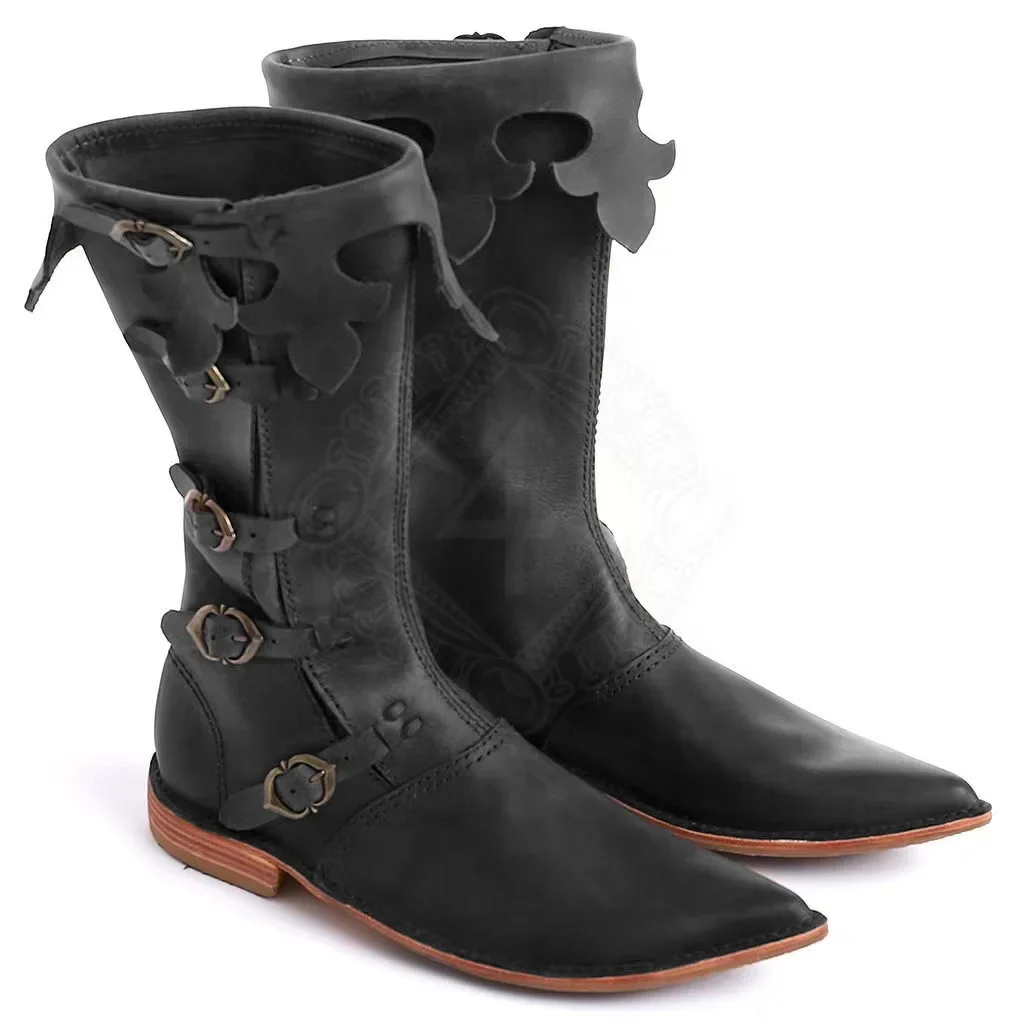 الرجال القرون الوسطى عصر النهضة القراصنة الأحذية زي فايكنغ القوطية الأحذية الجلدية عالية أنبوب أشار تو أحذية لجميع القديسين تأثيري