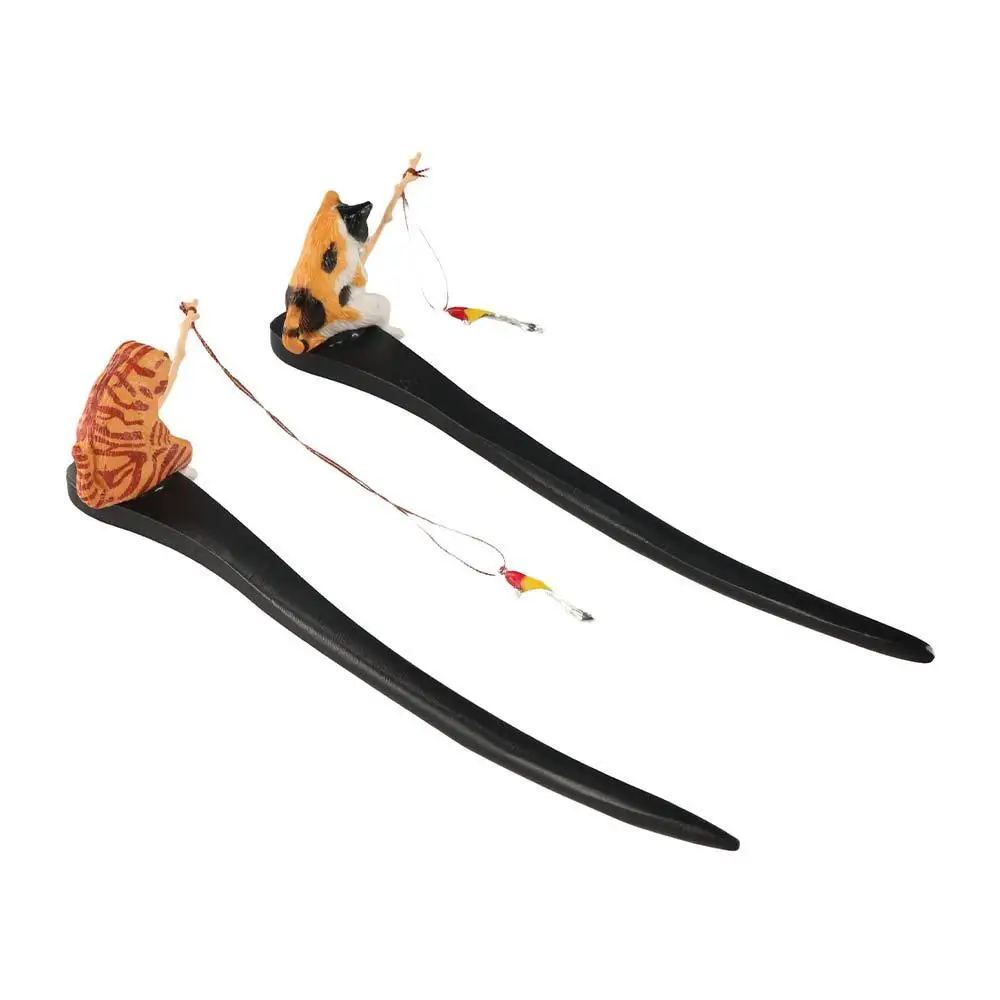 Antique Cat Fishing Wooden Hair Stick Black Sandalwood Tassel Hanfu Hairpin Chinese Style Hair Sticks for Buns For Girl