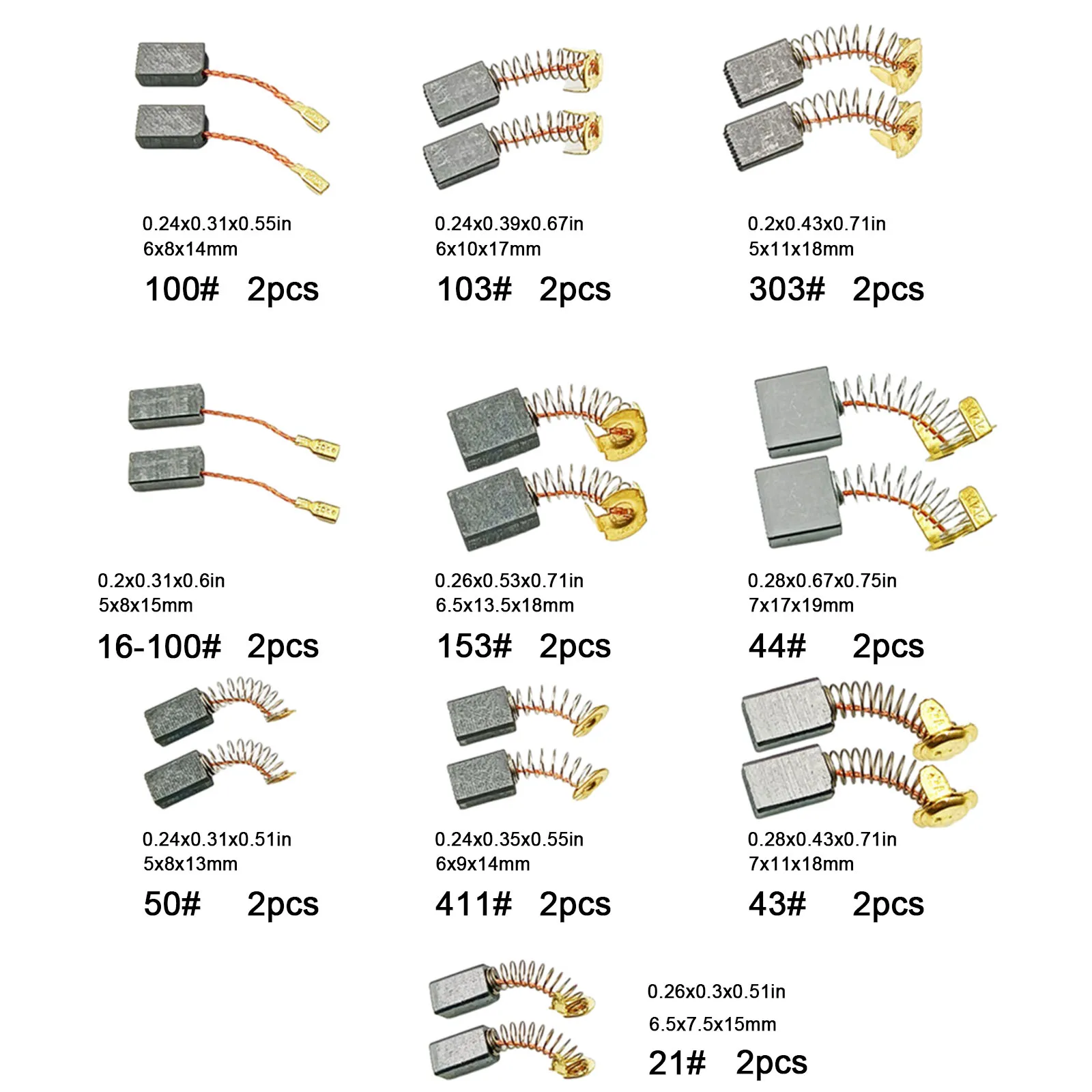 Escovas de carbono para rebarbadoras, martelo elétrico, substituição da escova do motor, serras circulares, acessórios para ferramentas elétricas, 10 tamanhos, 20pcs