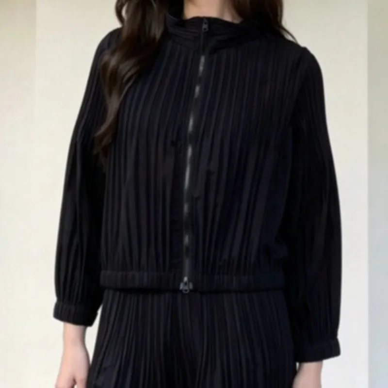 Miyake Pleated Jacket Plisse Women 2026 Spring Autumn New Age-Reducing Fold Zipper Cardigan Long Sleeve Loose Pleats Jacket