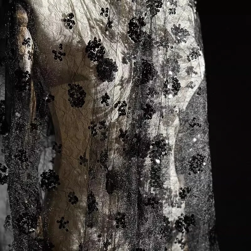 Tessuto di maglia con paillettes ricamate a fiori in pizzo Prospettiva Abito da sposa Cheongsam nero Abbigliamento Designer Tessuto di moda