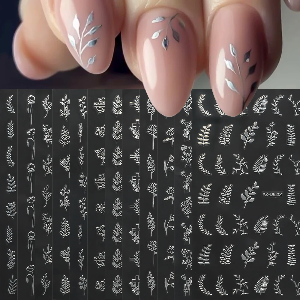 12pcs 3D Metallic Silver Leaves Flower Grass Nail Decals Y2K Shiny Silver Floral Grass Self-Adhesive Nail Stickers DIY Nail Deco