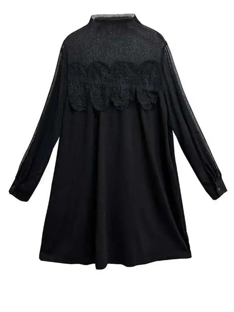 ผู้หญิงสีดําตาข่ายลูกไม้ขนาดใหญ่ Elegant เข่าความยาวชุดใหม่คอเต่าแขนยาวแฟชั่นฤดูใบไม้ผลิฤดูใบไม้ร่วง