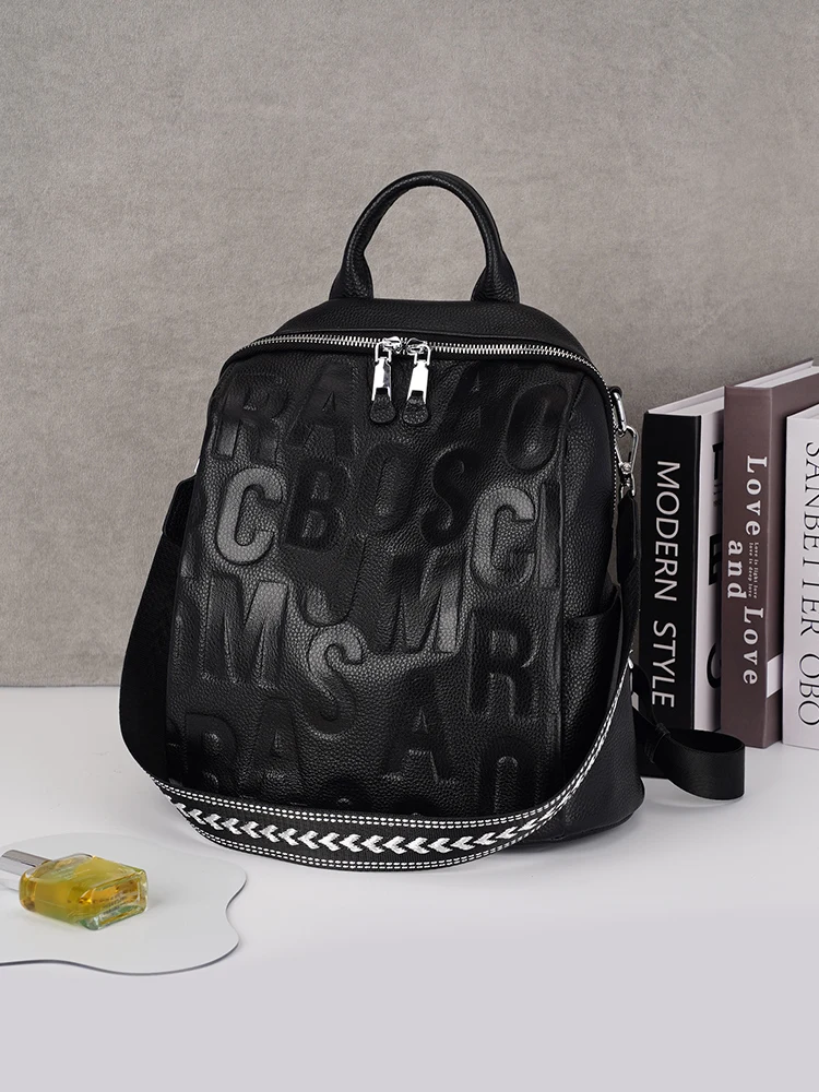 Zency Soft Genuine Leather Women Backpack Stylish Embossing Letter Travel Rucksack Single Shoulder Bag Mochila College Bags