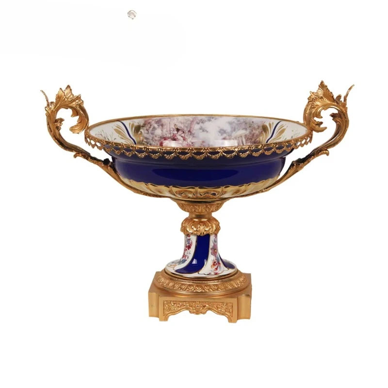 

Delicate French Rolled Grass Leaf Double Handle Porcelain, Fresh Fruit Plate Platter Copper Home Decoration Fruit Plate