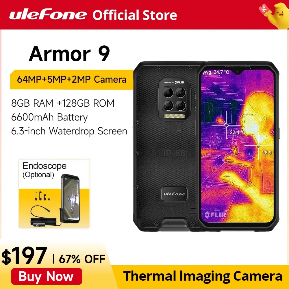 Ulefone Armor 9 열화상 카메라, 견고한 안드로이드 10 스마트폰 – 128GB, Helio P90, 6600mAh 배터리, 64MP 카메라