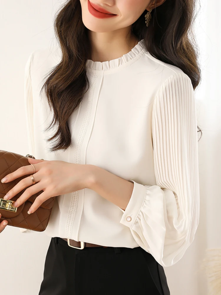 New Fashion Women Clothing Chic Folds Puff Sleeves White Blouses Elegant Ruffles Collar Chiffon Shirt Office Ladies Tops Chemise