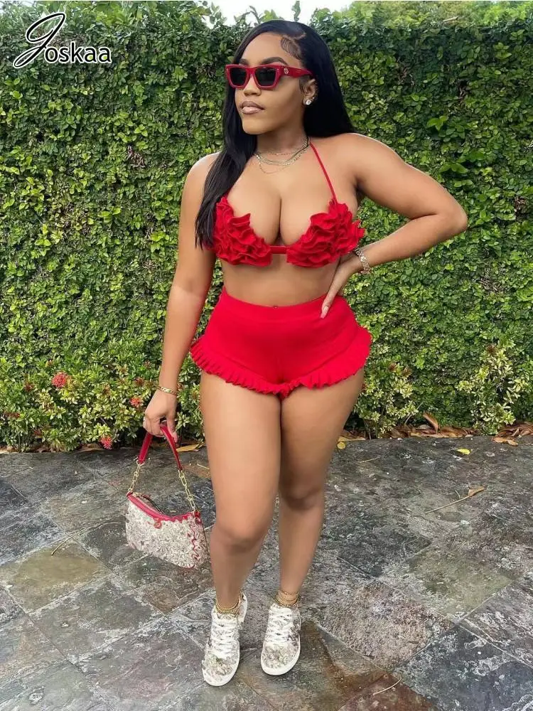 

Joskaa Sexy 2 Piece Set Women Casual Petal Splice Bra and Ruffles Shorts Matching Summer 2025 Summer Clubwear Vacation Beachwear