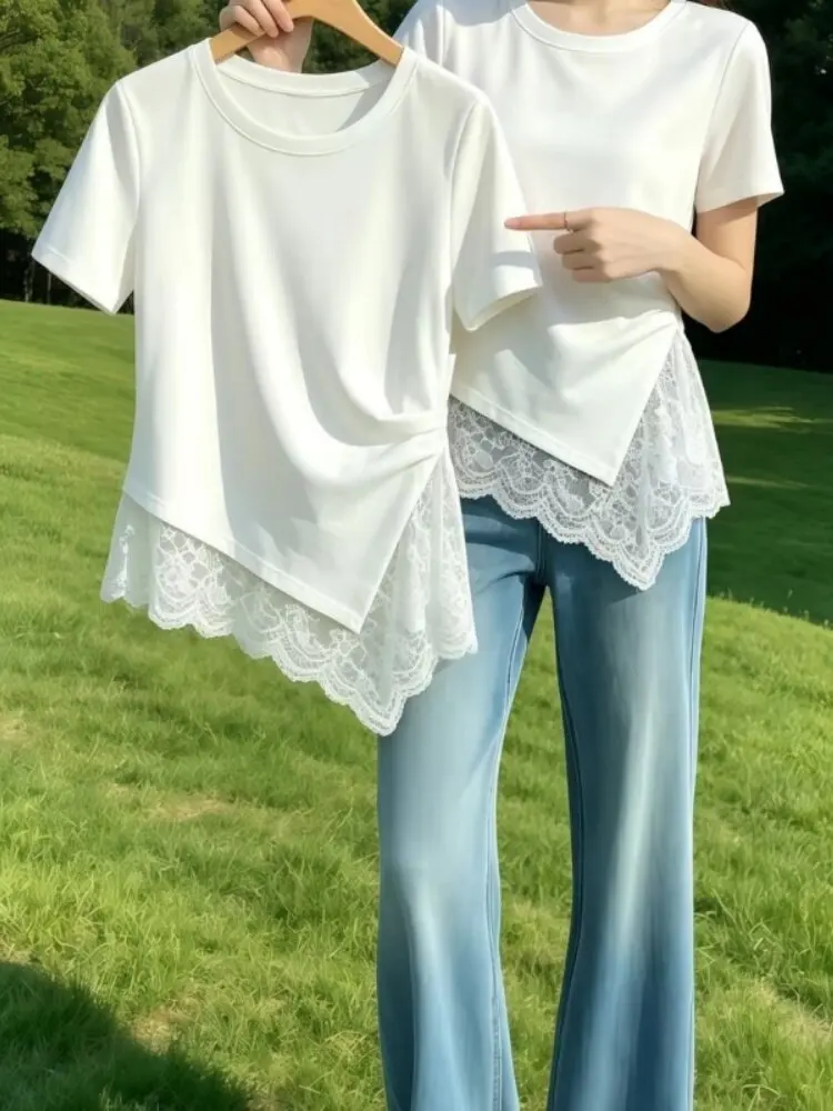 Summer Lace Splice Short Sleeve T-Shirt Women's 95 Cotton Slim Fit Waist Cinched Shoulder Appropriate Large Size Top