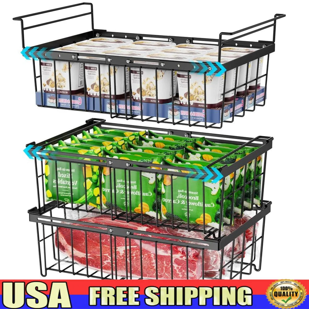 Large Adjustable Hanging Baskets Stackable Metal Freezer Organizer Bins 3 Pack Fit 17.7-23.2 Inch Chest Freezer Orderly Sort