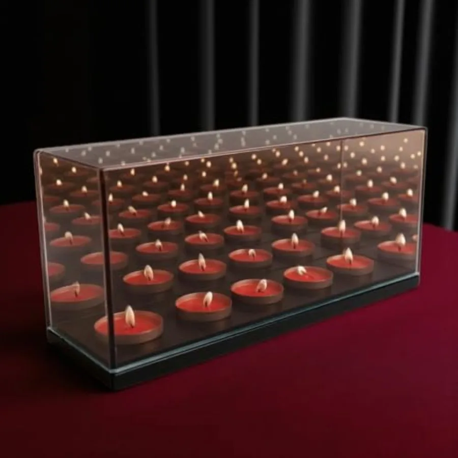 Infinity Mirror Tea Light Holder Slot with Electric Flameless Compatible Design - Glass Reflective Centerpiece with Wooden Base